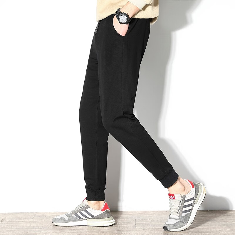 虎迹 运动裤男薄款夏季长裤直筒宽松大码棉质跑步锻炼收口卫裤休闲裤 黑色（收口9898款） L