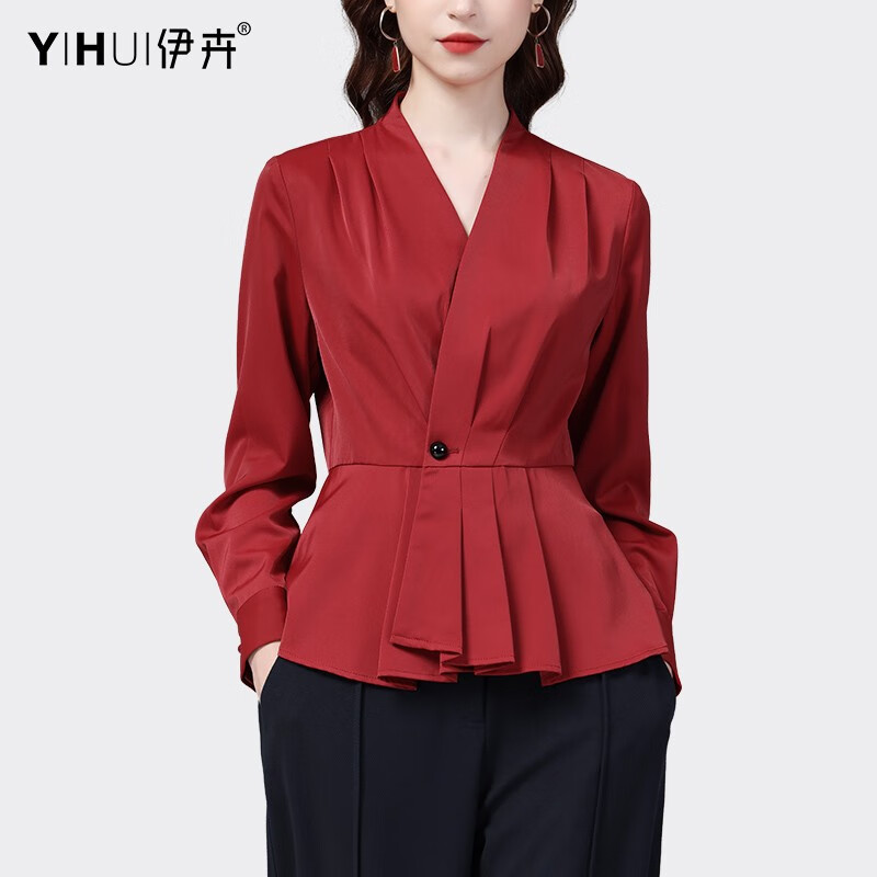 伊卉（YIHUI）欧洲站职业气质衬衫女春装2023新款修身显瘦衬衣洋气小衫时尚上衣 红色 L