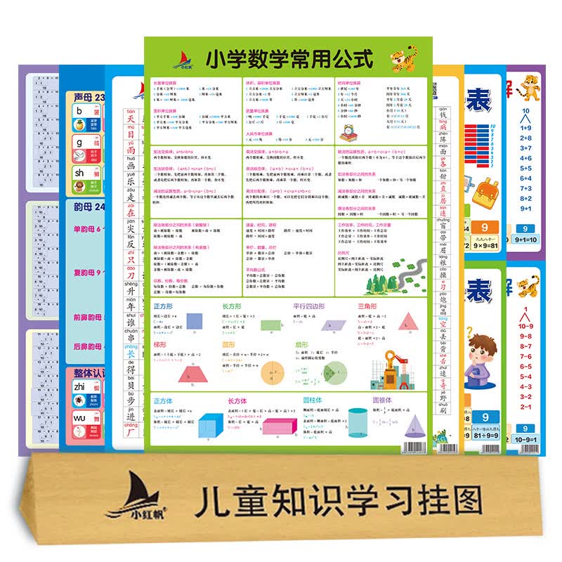 知识学习墙贴套装7张小学生一二年级语文数学挂图表