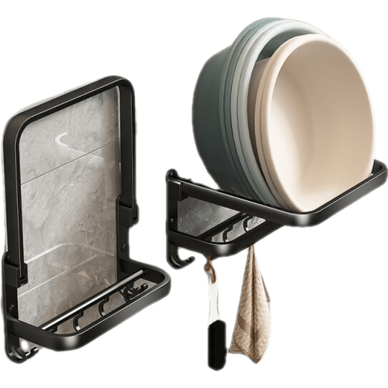 水天一方 脸盆架卫生间置物架免打孔浴室置物架可折叠洗澡盆架带挂钩厕所洗手间毛巾收纳架子 双层可折叠黑色【带杆+4挂钩】