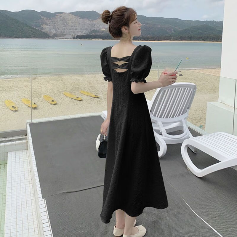 穿的泡泡袖少女连衣裙白色方领连衣裙女夏季新款气质甜美宫廷 黑色