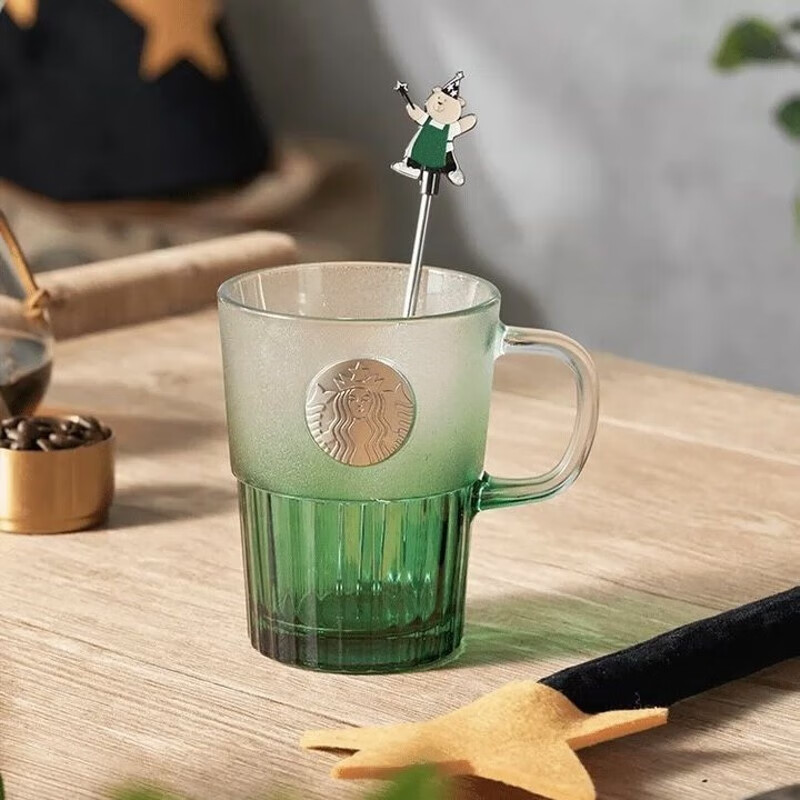 星巴克铭牌杯新款墨绿女神杯子铭牌浮雕桌面咖啡马克玻璃水杯 渐变绿
