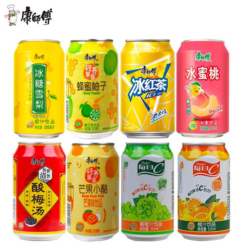 康師傅果汁茶飲料310ml*24罐裝多混合冰紅茶桃橙小酪柚子雪梨葡萄酸梅湯 鮮果橙+冰紅茶12罐