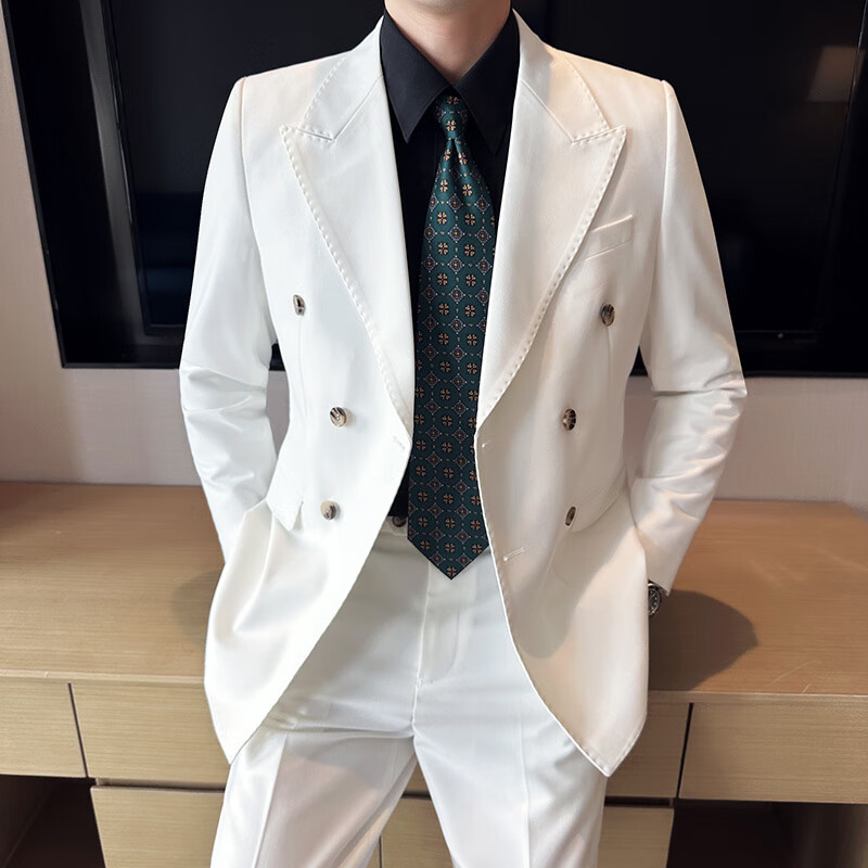 韩版两件套2023双排扣修身宴会西服套装结婚雅痞新郎 白色单件西装 m