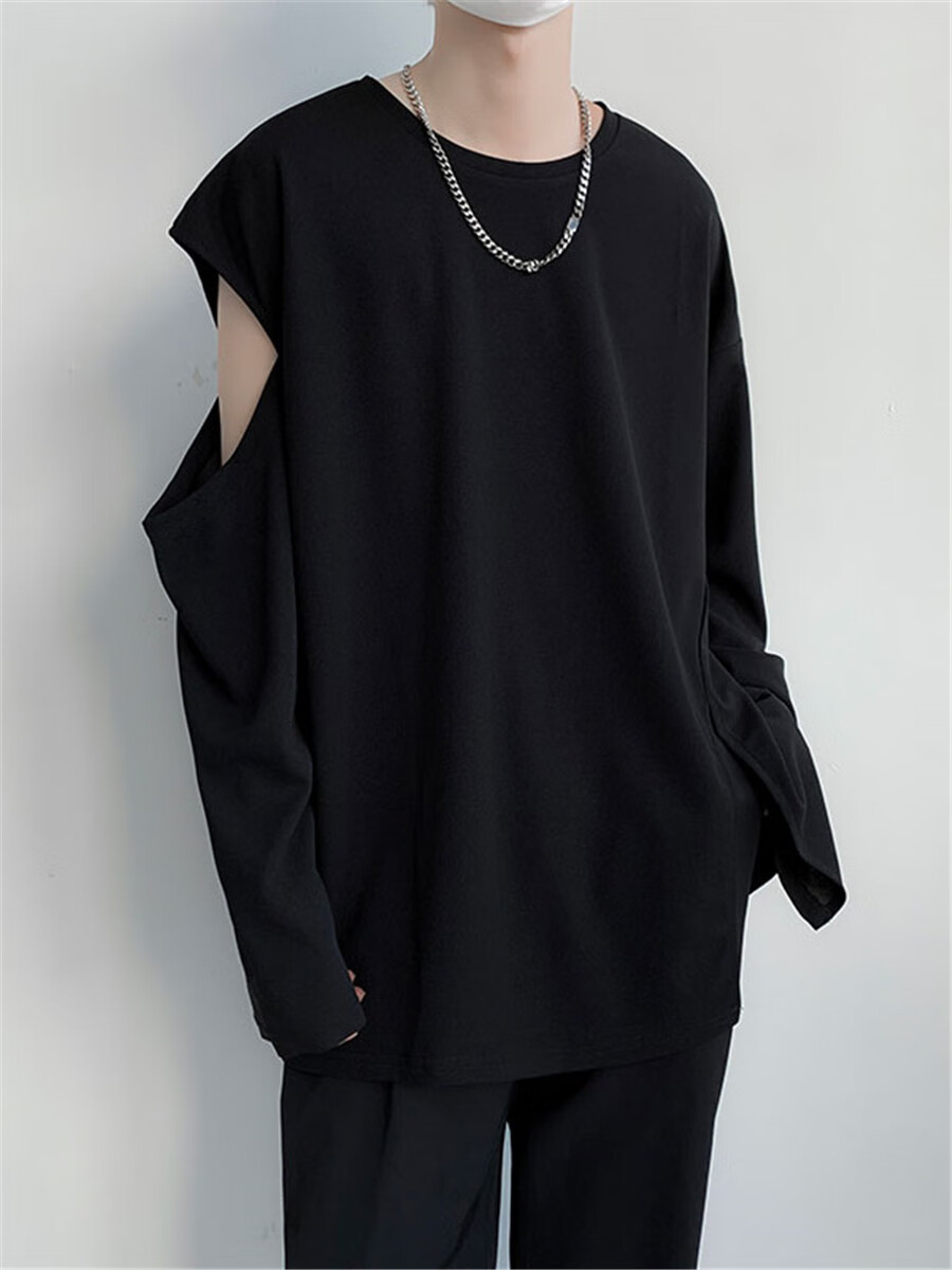 璟道春秋破洞个性长袖t恤打底衫男oversize小众中性开叉垂感体恤 黑色