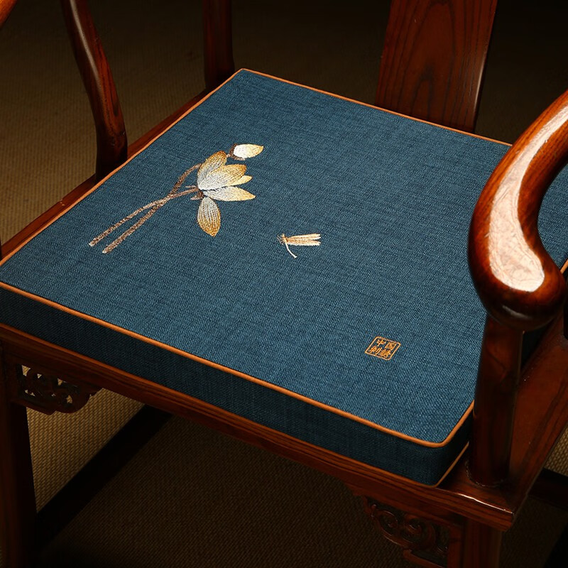 华幔盛庭 中式椅垫椰棕坐垫加厚加硬天然棕榈垫子红木沙发垫茶桌座椅垫定制 爱莲-深蓝-棕垫（棉麻） 50*44cm（含5cm棕垫）