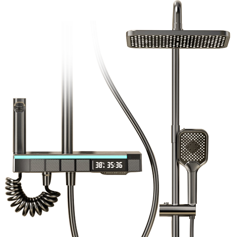 TOZE日本恒温淋浴花洒套装氛围灯数显枪灰色钢琴全铜自洁增压花洒全套 6053-氛围灯+数显 枪灰冷热