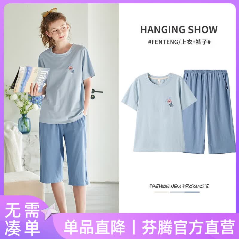 芬腾夏季短袖睡衣女纯棉薄款七分裤套头宽松韩版清新大码家居服两件套 冰兰 L/165（建议110-125斤）怎么样,好用不?