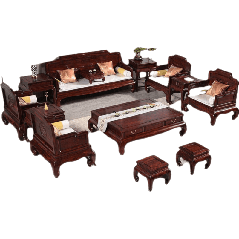 品木客 红木家具印尼黑酸枝(学名:阔叶黄檀)家具简约木沙发组合古典中式别墅高端家用客厅实木沙发套装 沙发113七件套组合+带2方凳 默认1