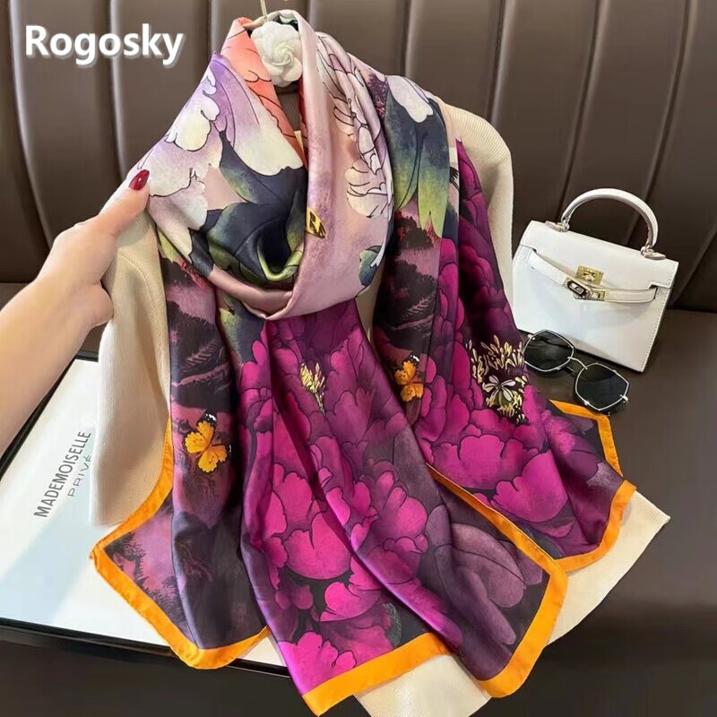 rogosky专柜潮牌新款复古花卉仙鹤仿真丝大长巾防晒外搭披肩丝巾轻奢