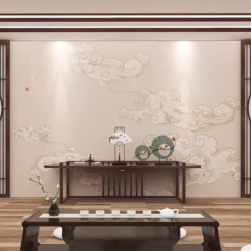 墨巖新中式電視背景墻祥云壁紙客廳茶室壁畫中國風餐廳墻紙禪意墻布 無縫寫真油畫布