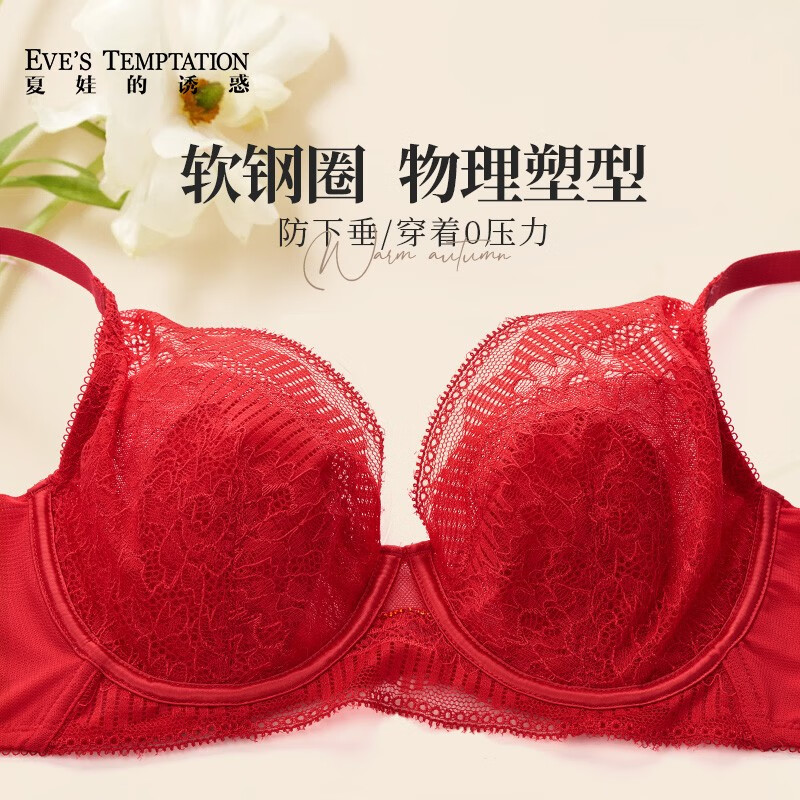 夏娃的诱惑香堇组软钢圈大胸显小文胸薄款内衣女聚拢收副乳防下垂夏秋季 大红色 75B