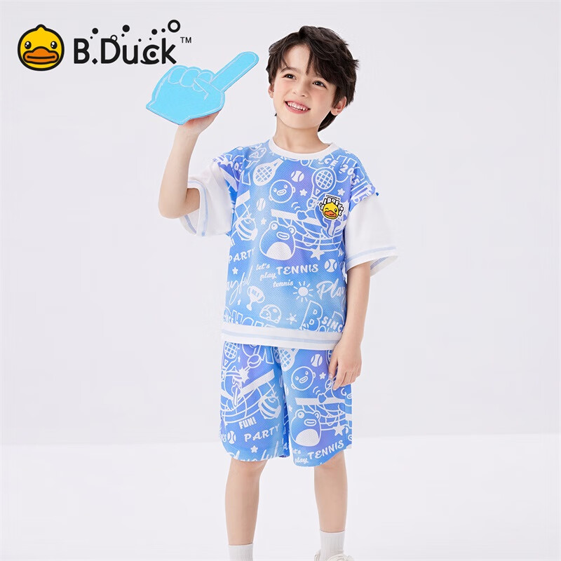 B.Duck【套装】小黄鸭童装男童夏季运动套装儿童新款小男孩短袖短裤两件 海洋蓝 130 cm
