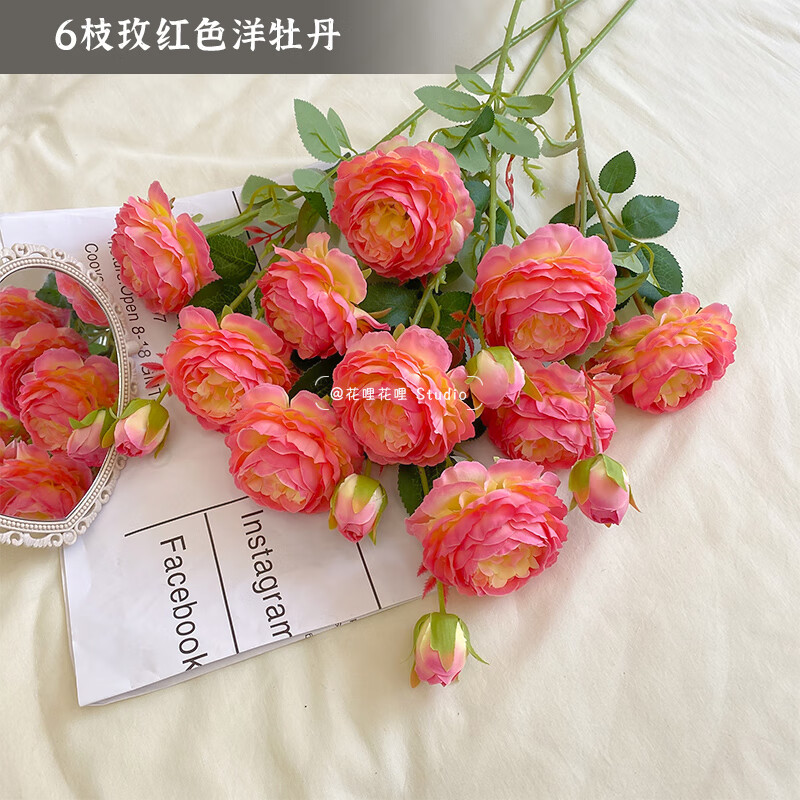 假花客厅装饰花摆件餐桌花摆设玫瑰花仿生花束干花 6支玫红色洋牡丹