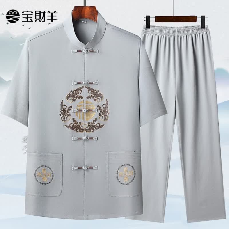 宝财羊中老年唐装男两件套爸爸夏装汉服中山装中国风居士太极服老人衣服高性价比高么？