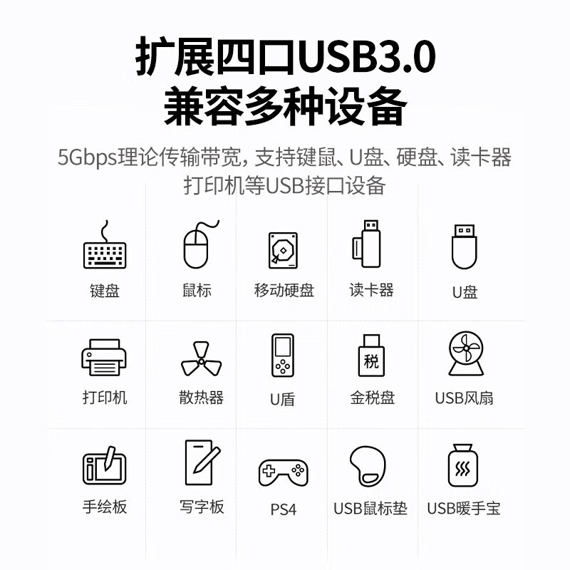 绿联 USB3.0分线器 一拖四口高速扩展坞 笔记本电脑接硬盘键鼠集线器 四口HUB延长线拓展坞 【4口-铝合金】USB3.0传输带供电口