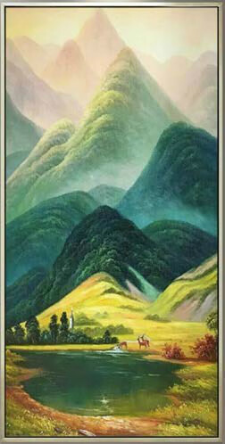 油画巨人山风景山水画入户玄关装饰画鹿走廊过道挂画壁画竖幅 木纹框