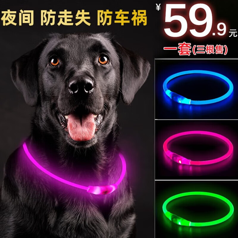 楚克奇（CHUKCHI）宠物LED狗狗发光项圈泰迪夜光防走失丢灯USB夜间遛狗圈安全出行 （绿、粉、蓝）总长55CM 3只售