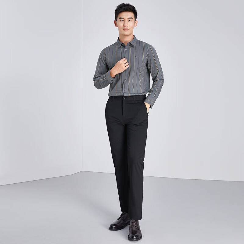 莱克斯顿【商场同款】衬衫男条纹灰色商务休闲风修身款衬衣男 灰 3XL