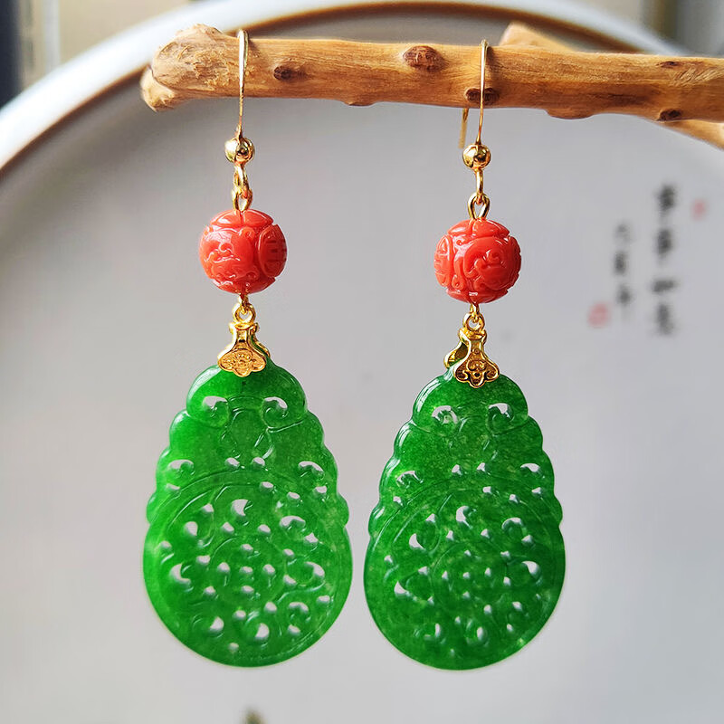 达禾梦【】翡翠干青玉石雕刻蝙蝠耳坠复古民族风个性耳饰14k包金耳 包