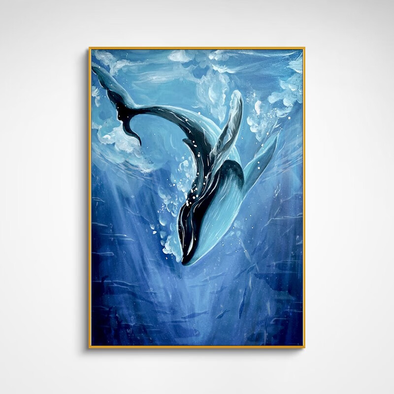 耘珺珥轻奢高档高端纯手绘油画鲸鱼玄关简约装饰画现代餐厅壁画别墅
