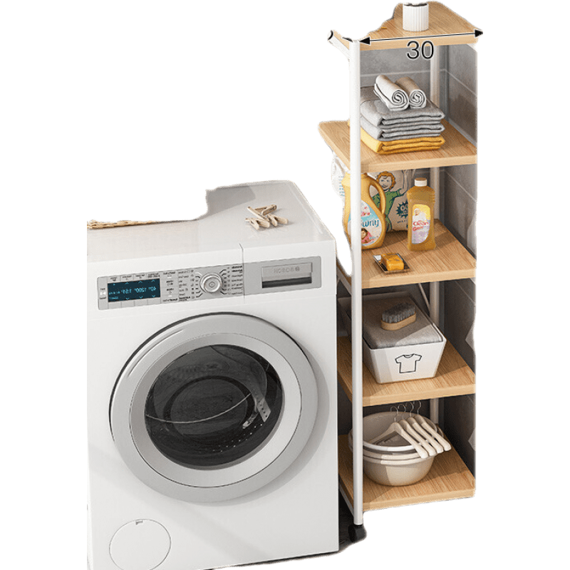鑫恩理  滚筒洗衣机上方置物架翻盖波轮浴室房间储物架卫生间阳台收纳架子 橡胶木色+白架30*42*135CM【可移动带轮】