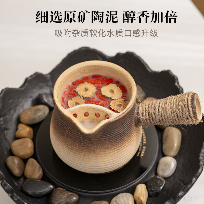 希格鲨围炉煮茶烤奶茶罐煮茶壶陶壶陶罐套装家用器具全套罐罐茶套装 窑变条纹+木盖+勺+4个圆口 500ml 【图上可见】