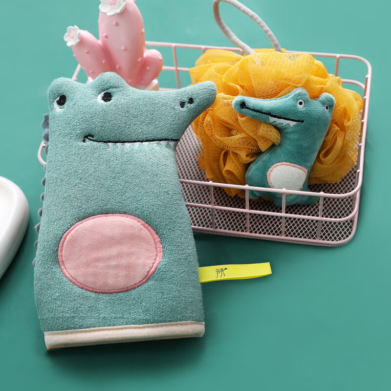 尹秀小孩专用宝宝洗澡巾套装儿童不伤皮肤卡通浴球浴花不散无痛搓泥 【2件套】绿色澡巾+鳄鱼浴花