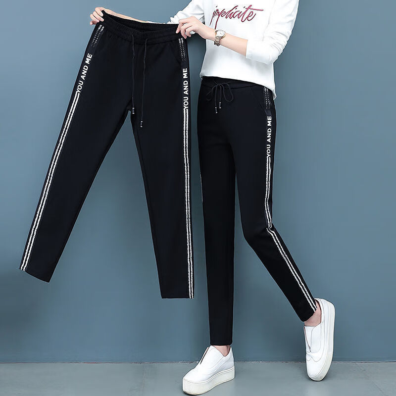 哈伦女裤宽松显瘦高腰百搭运动铅笔长裤运动裤女 字母白边(系带长裤 m