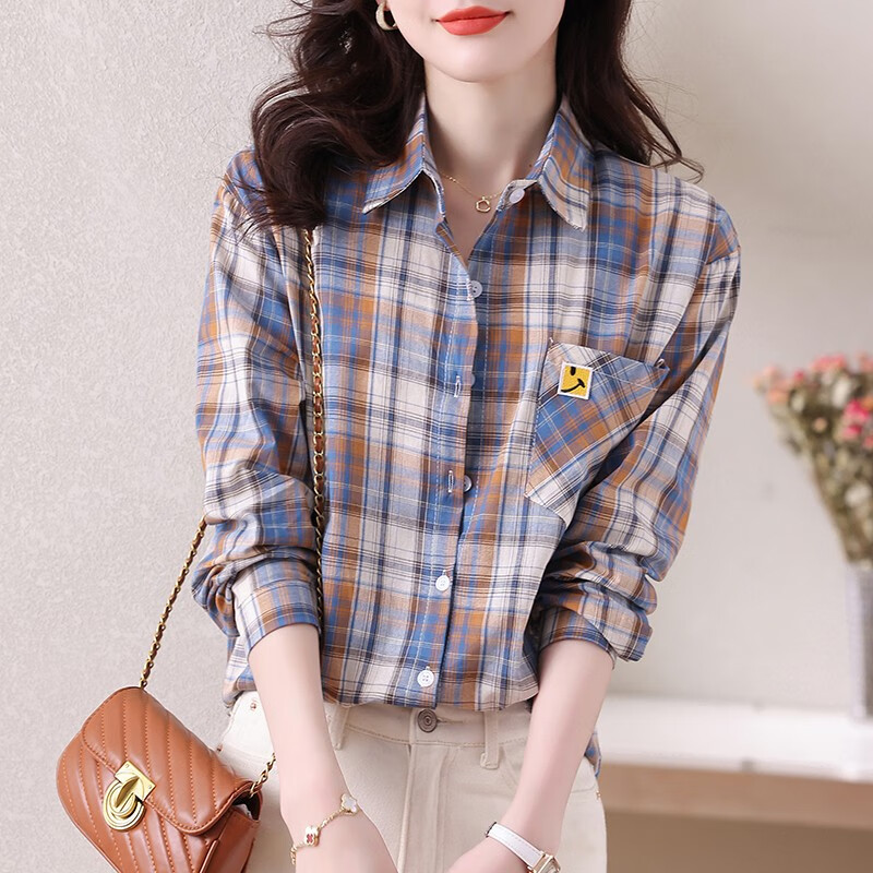 阮黛多巴胺穿搭女全棉格子衬衫2023薄款外搭春秋复古时尚上衣宽松纯棉