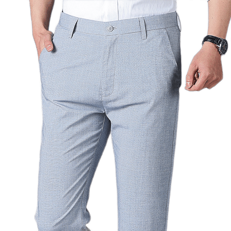 啄木鳥休閑褲男亞麻薄款直筒長褲2022春夏新款中青年免燙商務(wù)休閑男褲子 1020冰藍(lán) 33