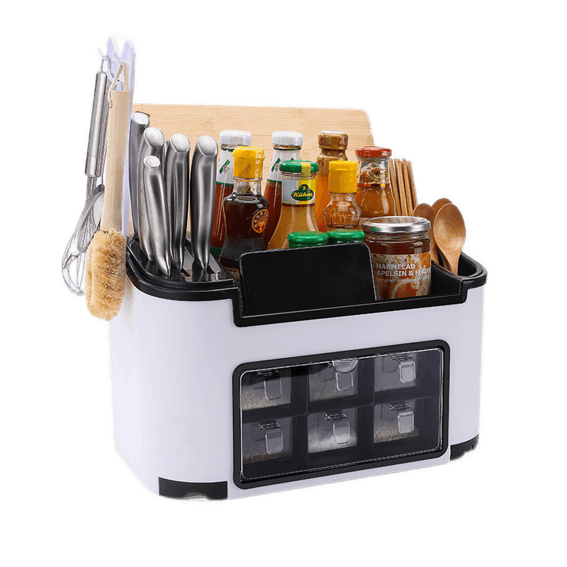 厨房用品置物架免打孔刀架六格抽屉式调料盒家用套装组合调味品瓶罐刀筷子收纳盒多功能 小麦绿豪华款(带手机槽)