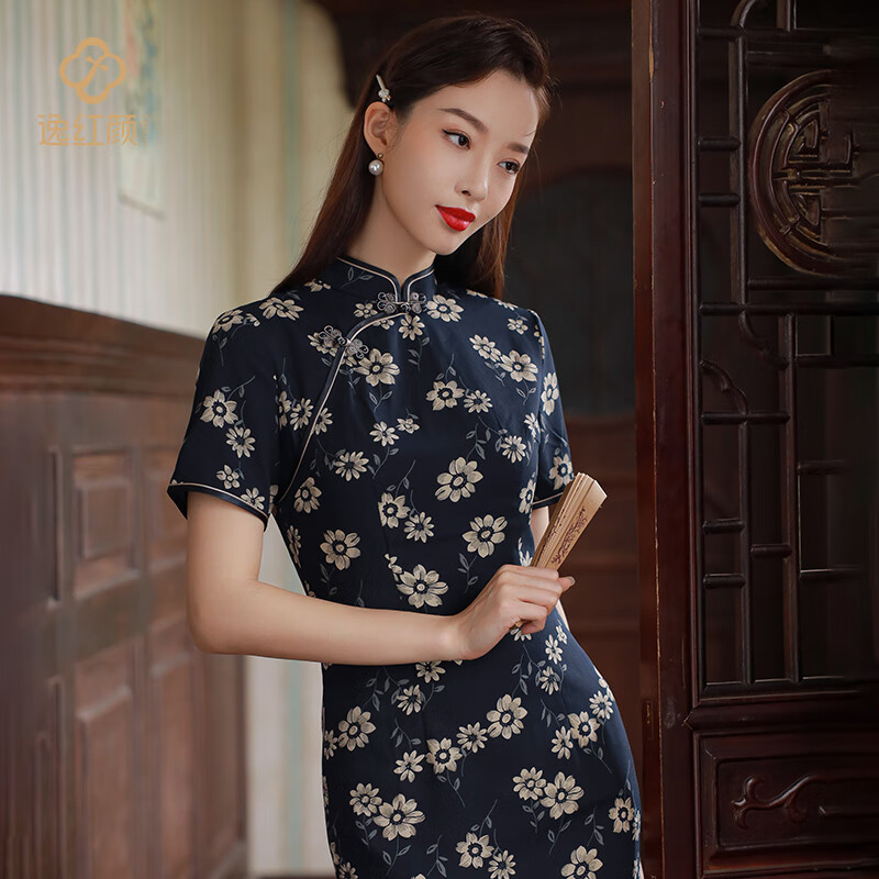 逸紅顔（E.Beauty）逸红颜幽荷2023夏季女文艺复古连肩袖中长款改良版旗袍麻纱连衣裙 藏青色 短袖110CM衣长3.5CM领高 2XL怎么样,好用不?