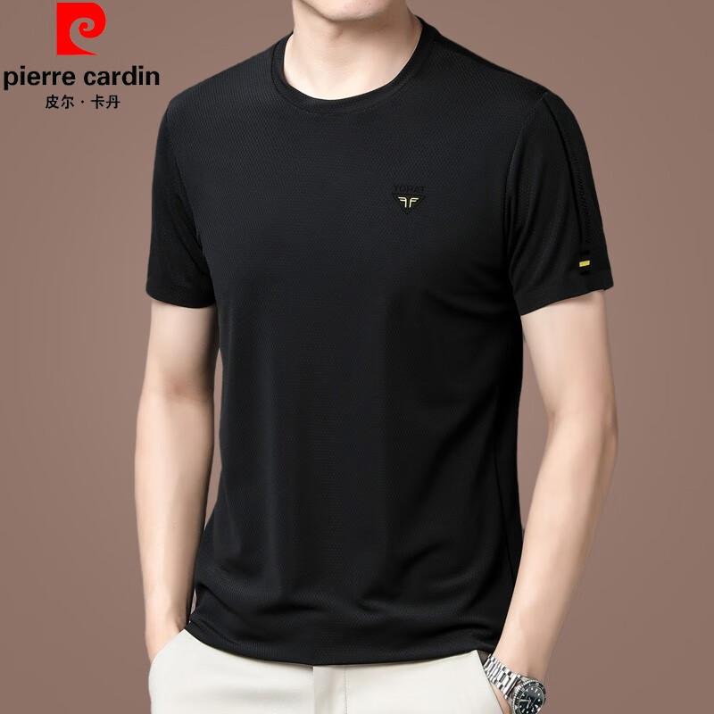 皮尔卡丹（pierre cardin）冰 丝滑料短袖T恤男士高端夏季薄款桑蚕丝圆领纯色体恤衫 黑色 175(L)建议135-150斤穿