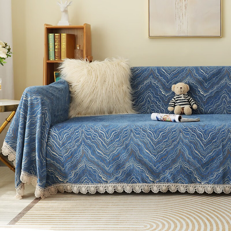珂米雪尼尔沙发盖布全盖套罩四季通用防滑北欧网红沙发巾夏季2023新款 水波纹-蓝 180*420cm(五人位)