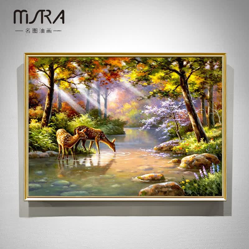 名图手绘油画欧式风景古典别墅客厅装饰画玄关壁画小鹿挂画美式 卓林
