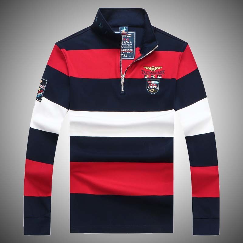 意大利鲨鱼男装长袖 秋冬精梳棉宽松大码秋装刺绣翻领polo衫 6032