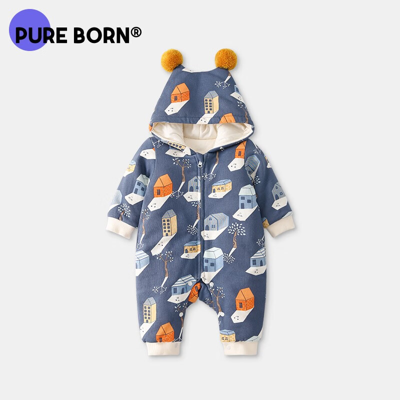 博睿恩男女宝宝连体衣婴儿衣服秋冬季爬服夹棉连帽加厚新生儿外出服 小房子蓝 80cm