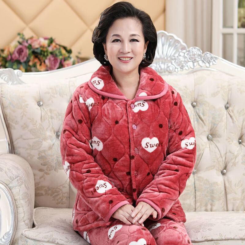 家居服加绒加厚可外穿秋法兰绒三层夹 爱心sweet长毛绒毛毛棉衣绒绒冬