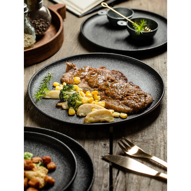 牛排餐盘西子陶瓷方家用黑色创意日式西式早圆扒具 圆形牛排盘(小号)
