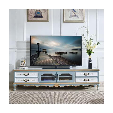 山头林村地中海风格电视组合柜 美式电视柜组合地中海风格小户型做旧家具 复古蓝电视柜1.5米 整装