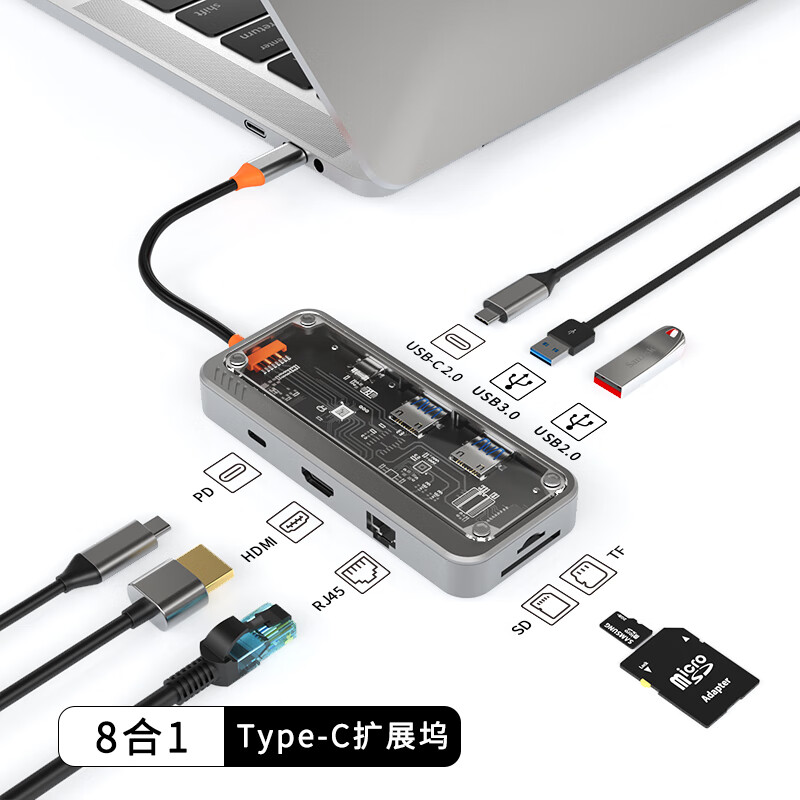 ��֥��KERZY����չ��Type-C��չ���������usbת����4kת��ͷUSB3.0+USB2.0+USB-C+RJ45+HDMI+SD+TF+PD���� B86GY��ɫ�˺�һ�ֻ�ƽ��ʼǱ����������
