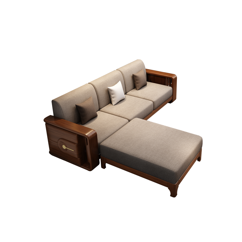 优卡吉 金丝胡桃木实木沙发组合新中式客厅家具现代简约轻奢转角布艺沙发 YJ-921 四人位+贵妃榻