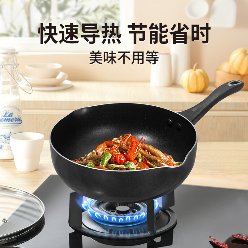 MEYER家用多功能不粘炒锅 电磁炉煤气灶通用炒菜锅 升级款家用不粘锅 炒锅/红+盖(电磁炉通用) 24cm
