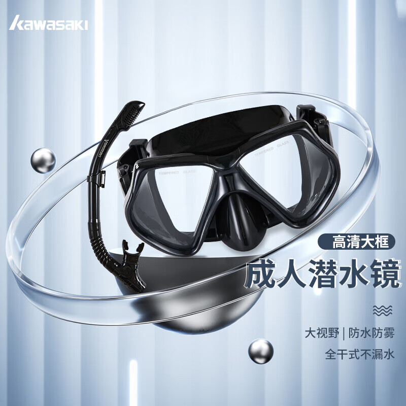 川崎（KAWASAKI）成人潜水镜防雾大框面罩防水浮潜装备水下套装全干式呼吸管S10黑