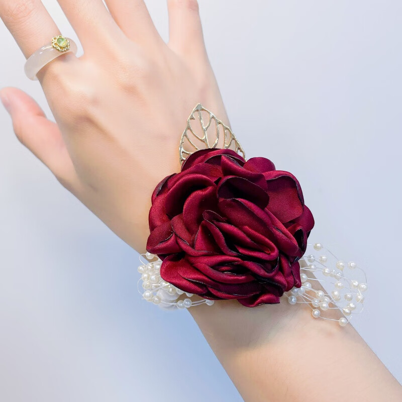 中式红色新娘手腕花 中式酒红色手腕花新娘喜婆婆父母感婚礼新郎 酒