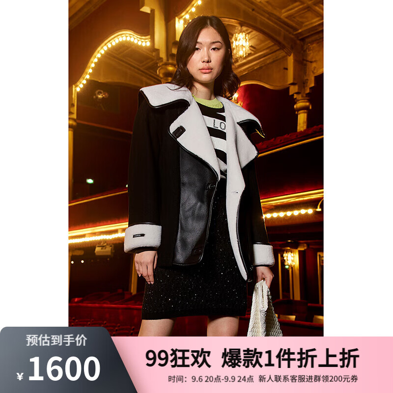 欧时力（ochirly） PU拼接羊毛针织呢外套女   2023新款春装配胸针 黑色 XS使用感如何?