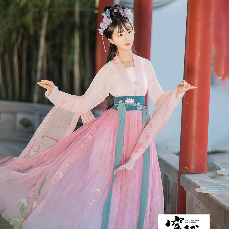 纤晟伊汉服女雪纺大袖款古装汉服齐胸襦裙唐装连衣裙汉服 桃红色齐腰