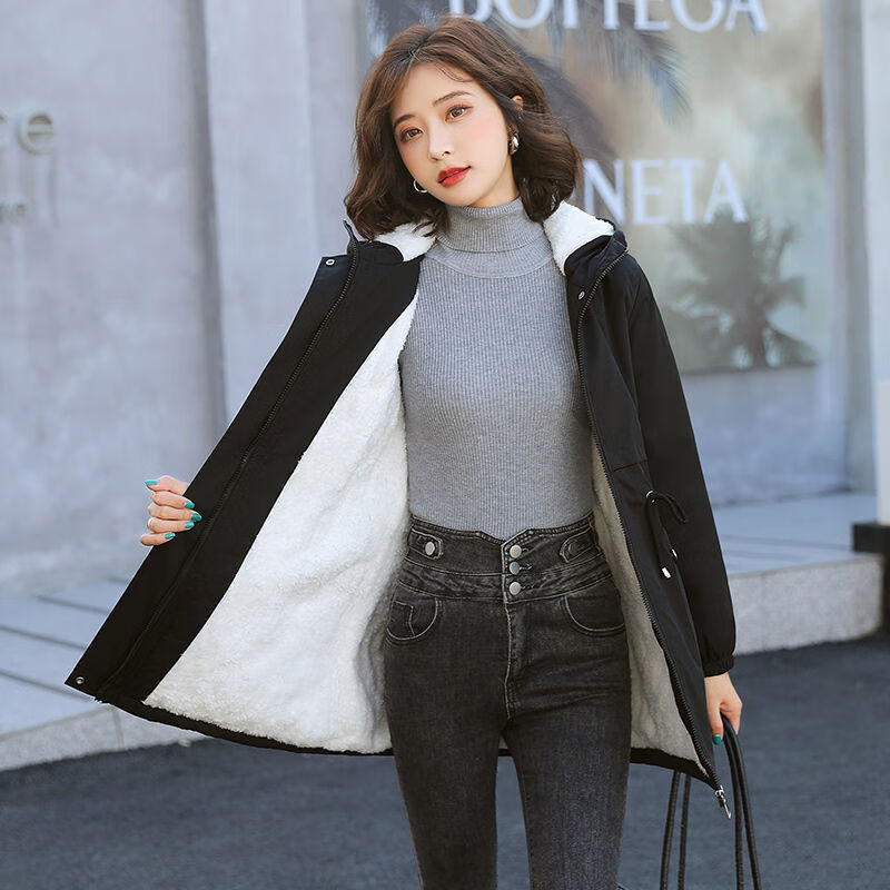 邦菲尔 加绒风衣女新款冬季韩版休闲宽松大衣洋气加厚中长款棉服外套 薄款-灰色 L 建议115-130斤左右