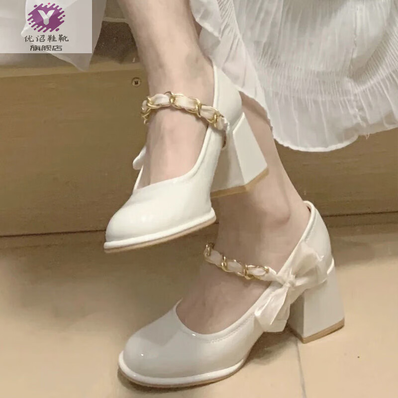 玛丽珍鞋jk粗跟蝴蝶结玛丽珍鞋女法式复古高跟鞋一字带方头单鞋 米